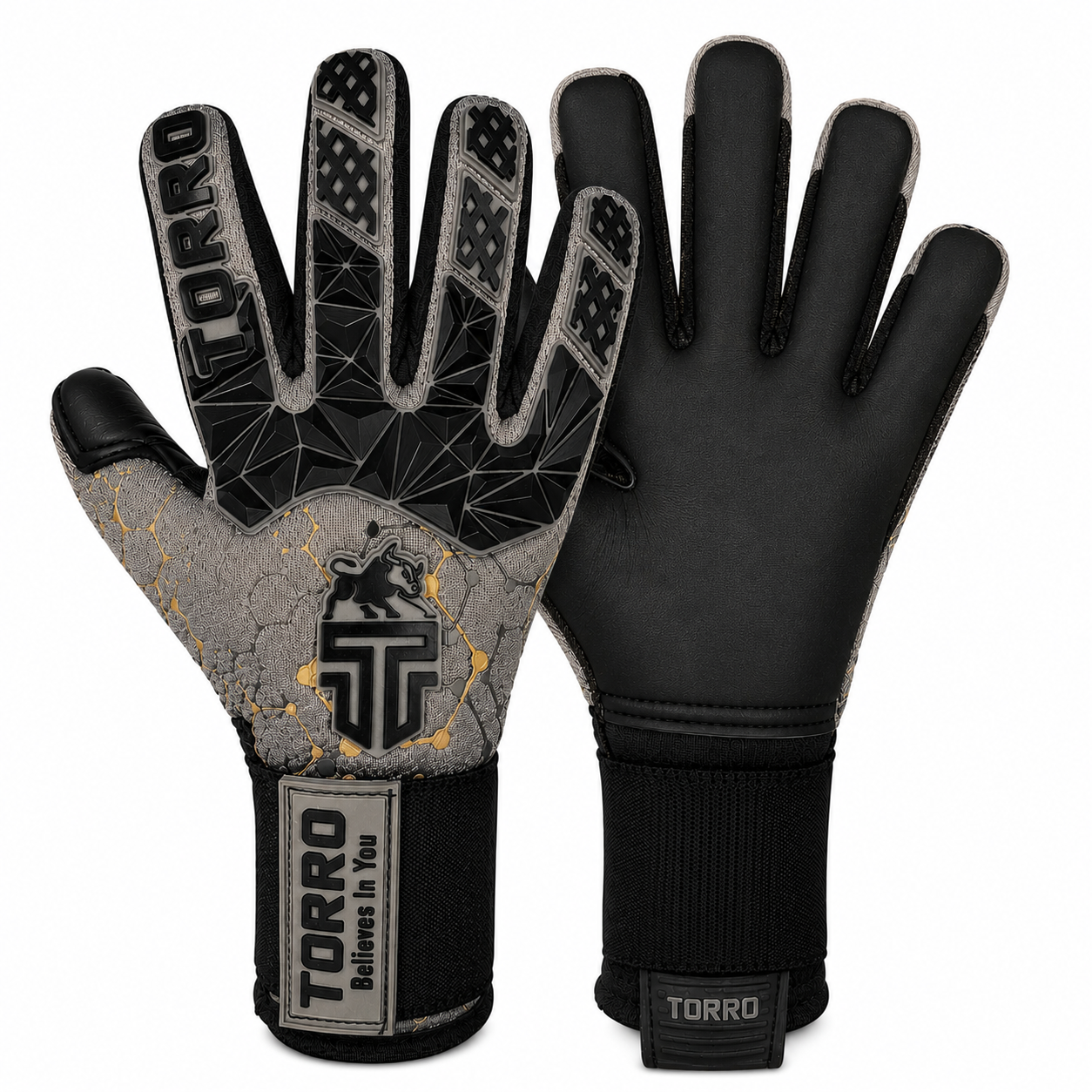 Torro Champio Keepershandschoenen - Ergo Roll Negativ Cut - Grey/Black/Gold - Adults 